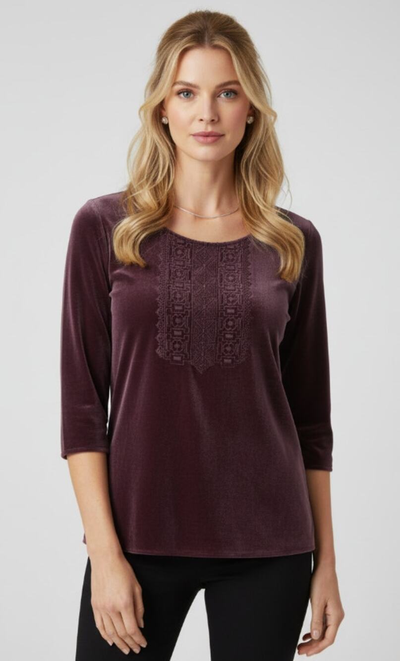 GARNET HILL PURPLE PLUM VELVET POPOVER EMBROIDERED 3/4 SLEEVE WOMENS SIZE 8 BOHO